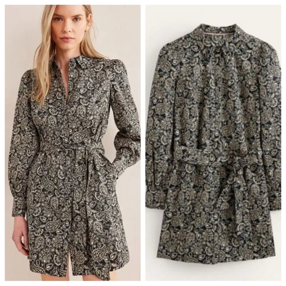 Boden Black Paisley Print Shift Shirt Mini Dress Size 10L 36075